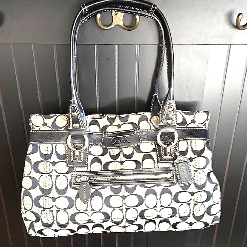 Coach Black and Light Gray Shoulder Bag with Signature Pattern